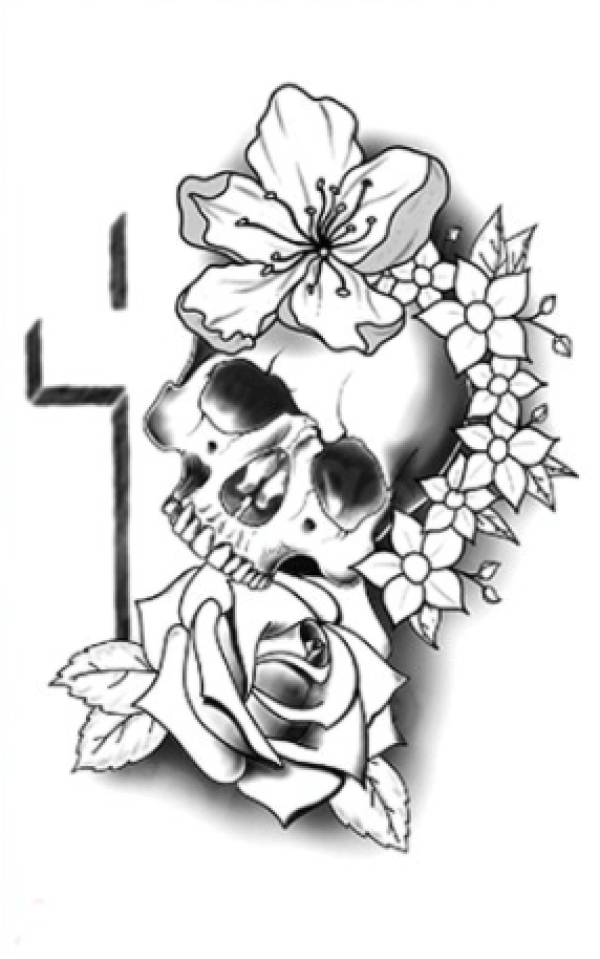 Black Skull with Flowers Temporary Tattoo – Tattoo for a week