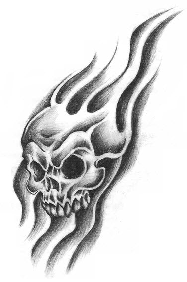 drawings of skulls and flames